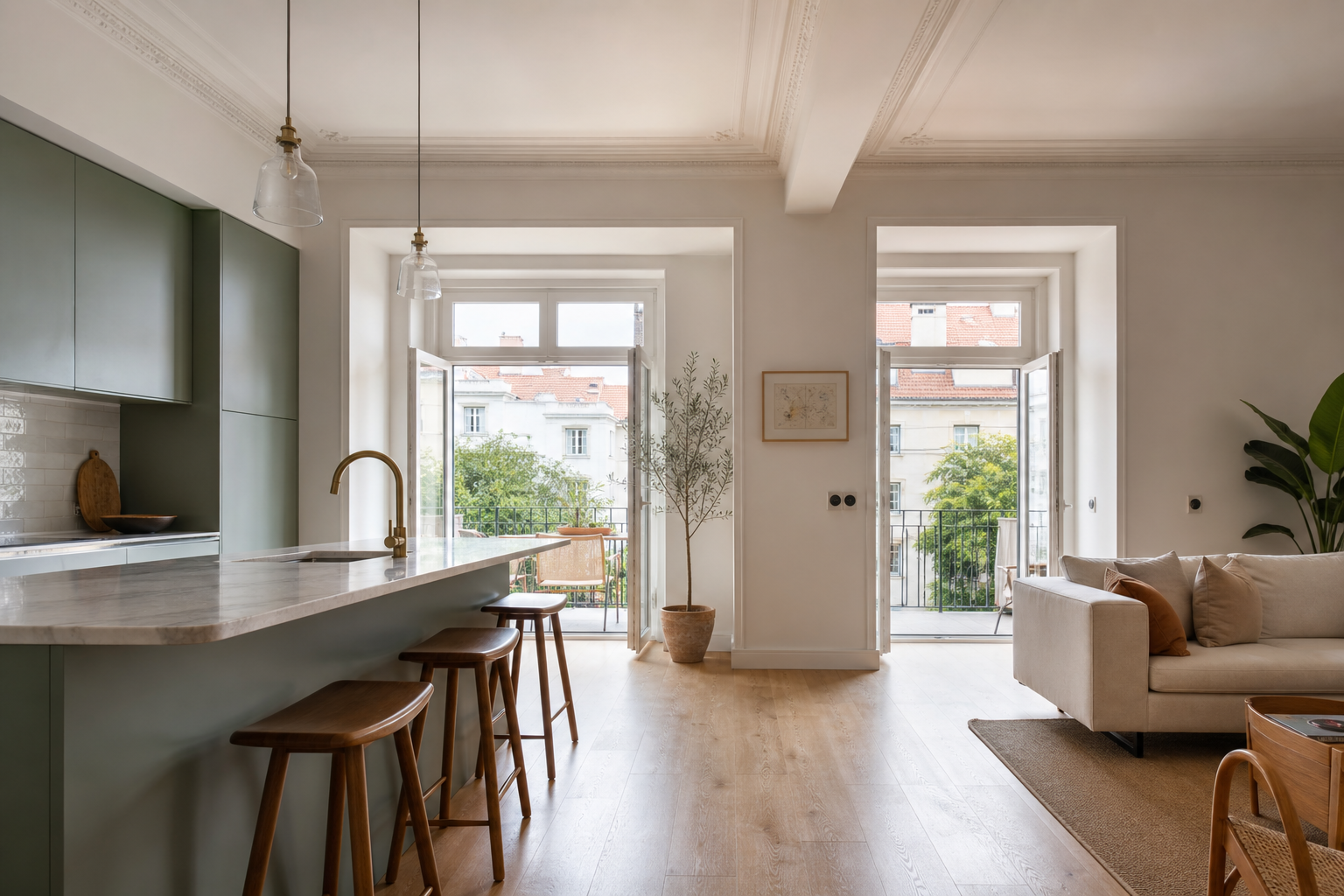 Interior contemporâneo após remodelação, com cozinha e sala em plano aberto
