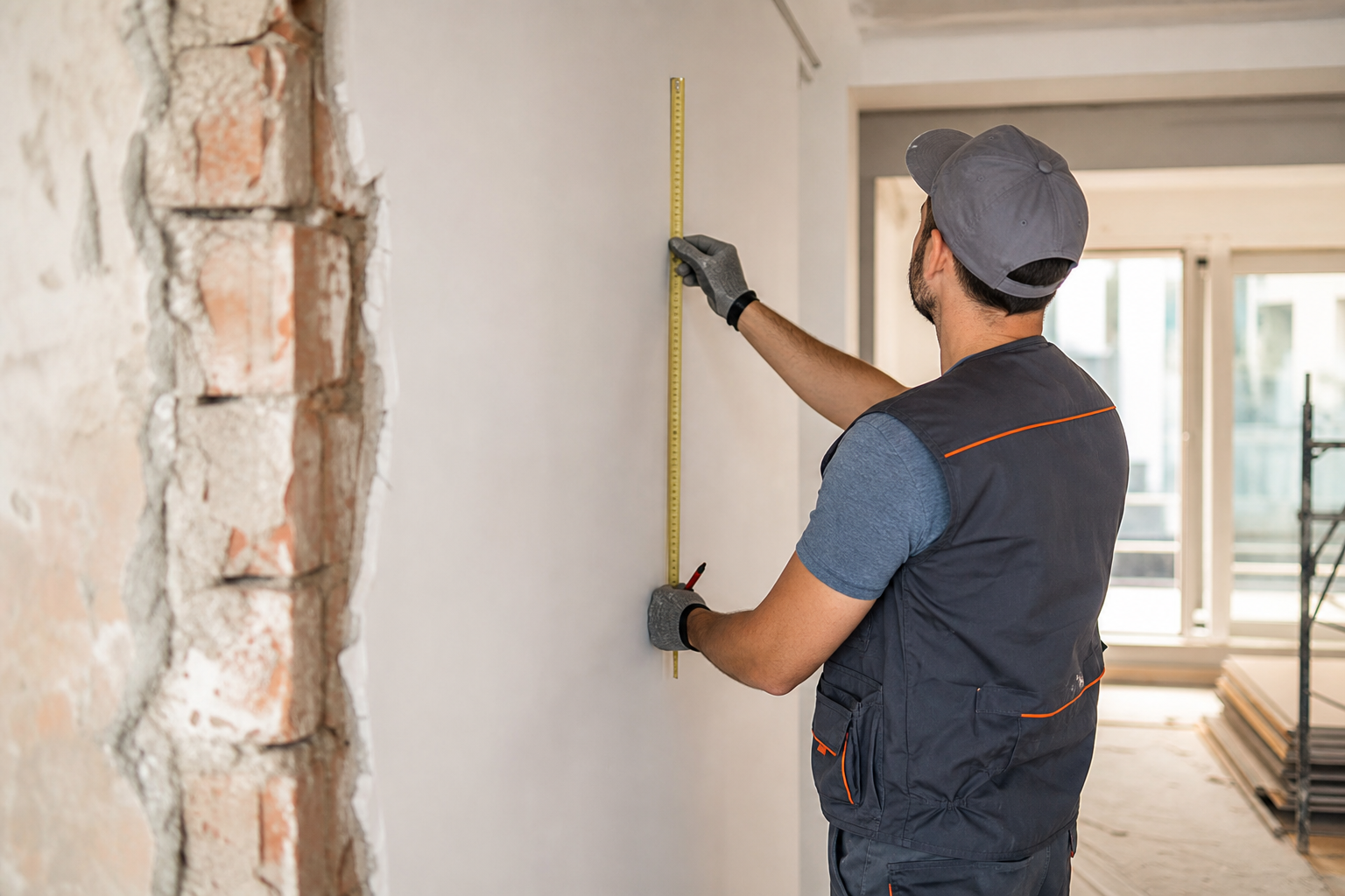 Profissional a verificar medidas durante uma remodelação